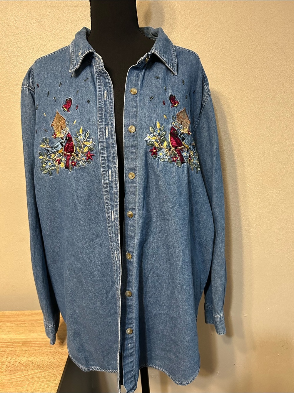 Just My Size 18W 20W Embroidered Cardinal Bird Denim Shirt Cottagecore Plus Size